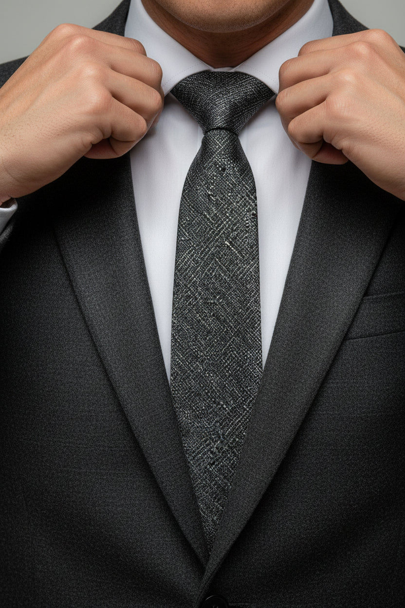 Man adjusting navy textured silk tie with slim fit suit for formal occasion.