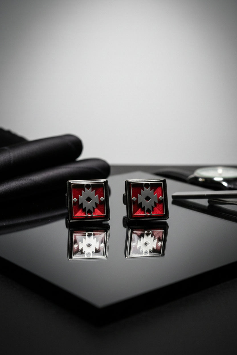 Red enamel square cufflinks with geometric design for formal wear and business attire.