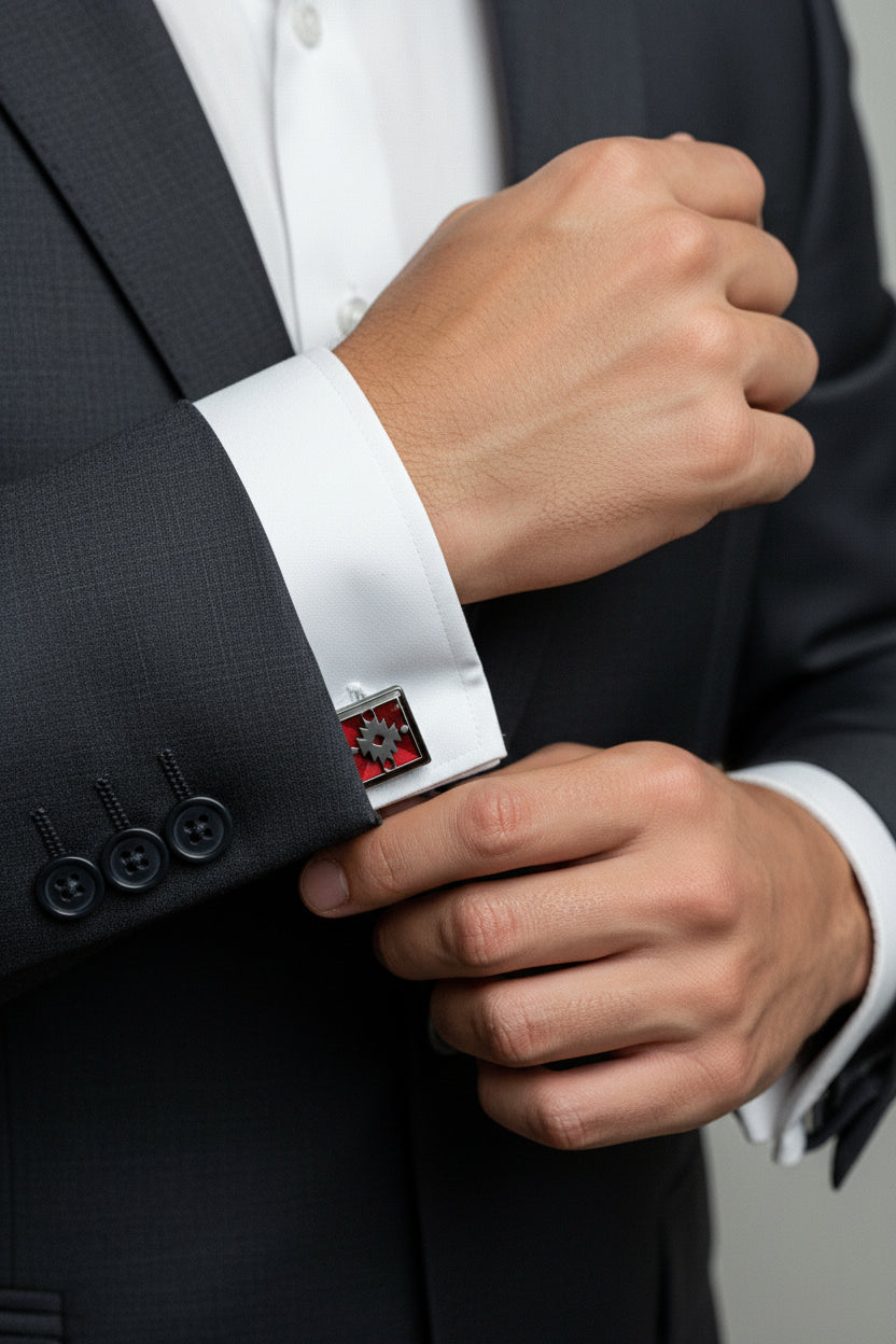 Man adjusting red enamel square cufflinks on formal grey suit shirt.