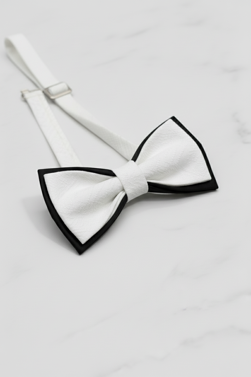 White bow tie with black trim on a light gray background