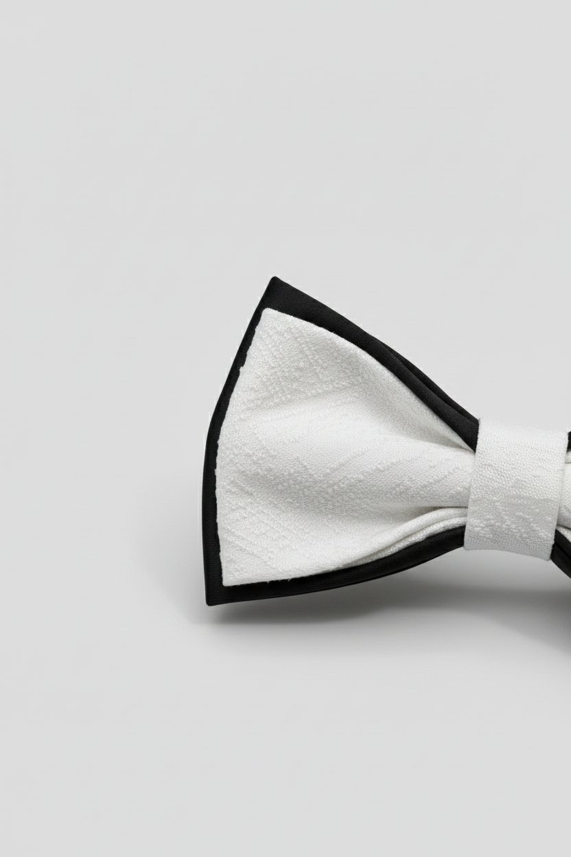 White bow tie with black trim on a light gray background