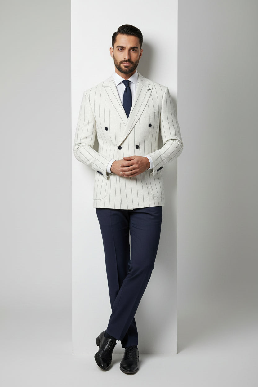 Man wearing white and navy pinstripe double-breasted suit with tailored fit.
