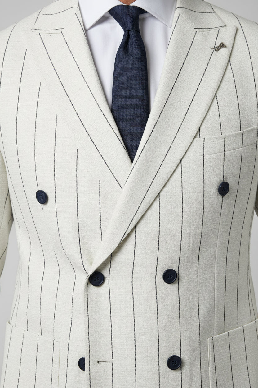 White and navy pinstripe double-breasted suit jacket with tailored fit for formal events.