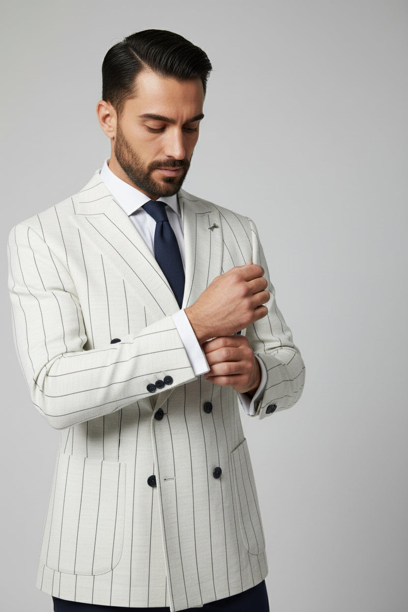 Man adjusting cuff of white and navy pinstripe double-breasted suit jacket.