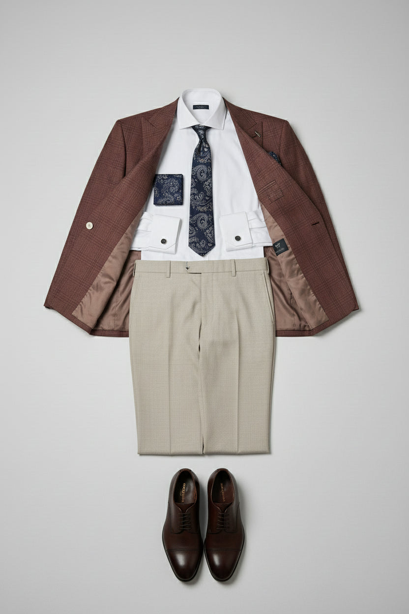 Rust plaid double-breasted suit jacket with beige trousers and navy paisley tie.