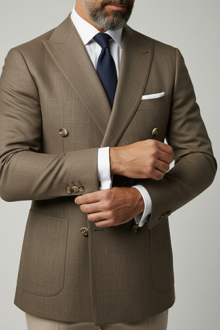 Man adjusting brown double-breasted herringbone suit with tailored fit and navy tie.