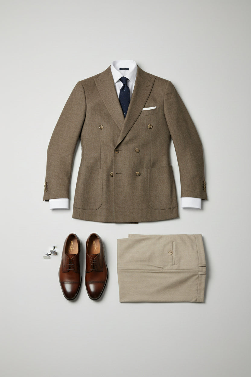 Brown double-breasted herringbone suit with tailored fit, paired with dress shoes.