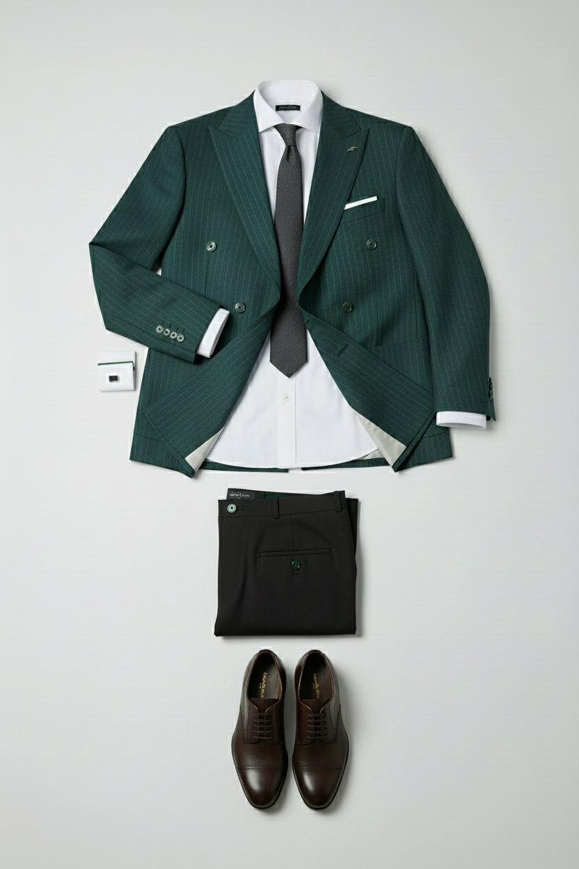 Green double-breasted striped suit with tailored jacket, white shirt, and dark trousers.