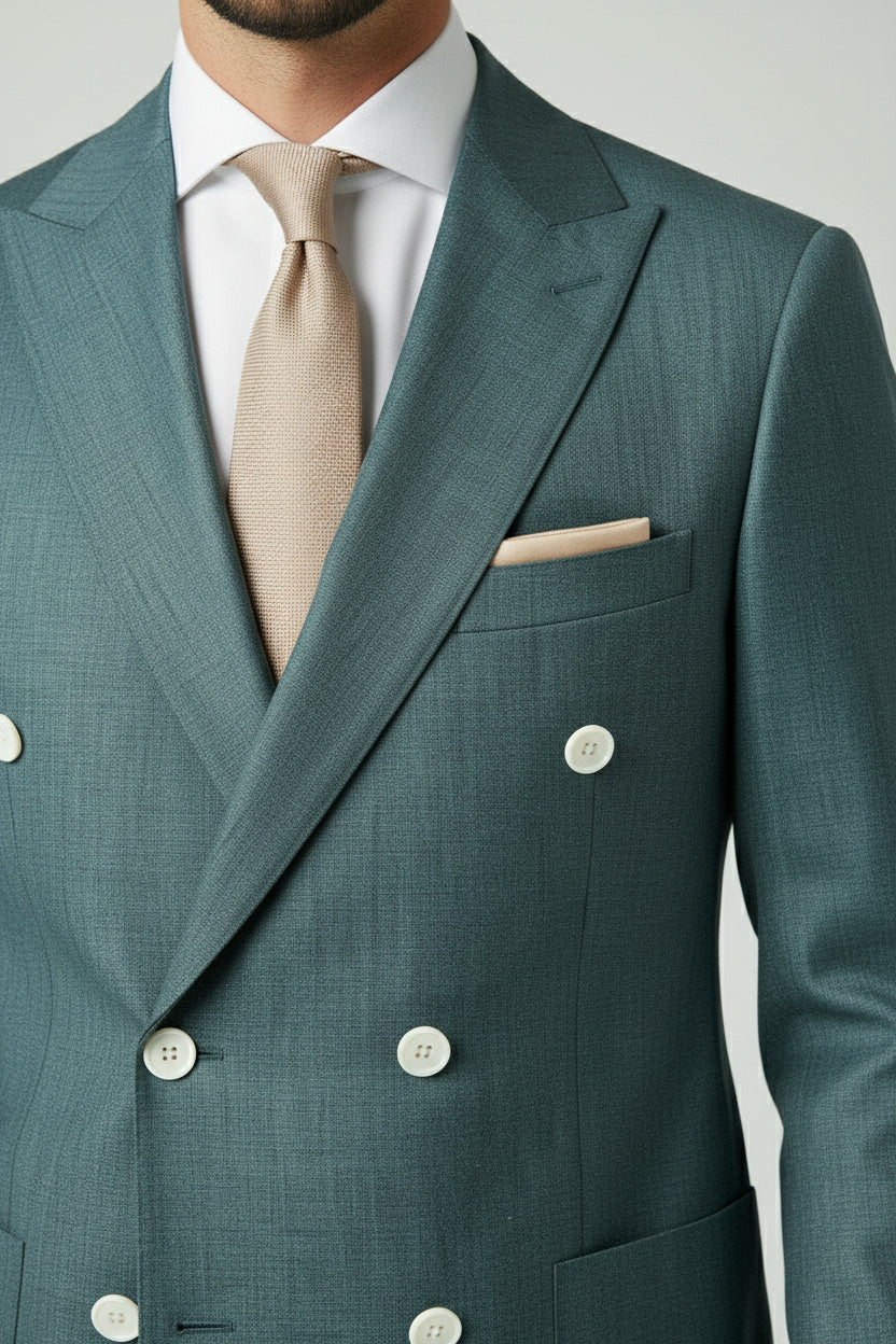 Deep teal double-breasted suit jacket with white buttons and beige tie.