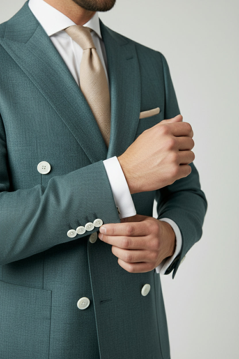 Man adjusting sleeve of deep teal double-breasted suit jacket with white shirt.