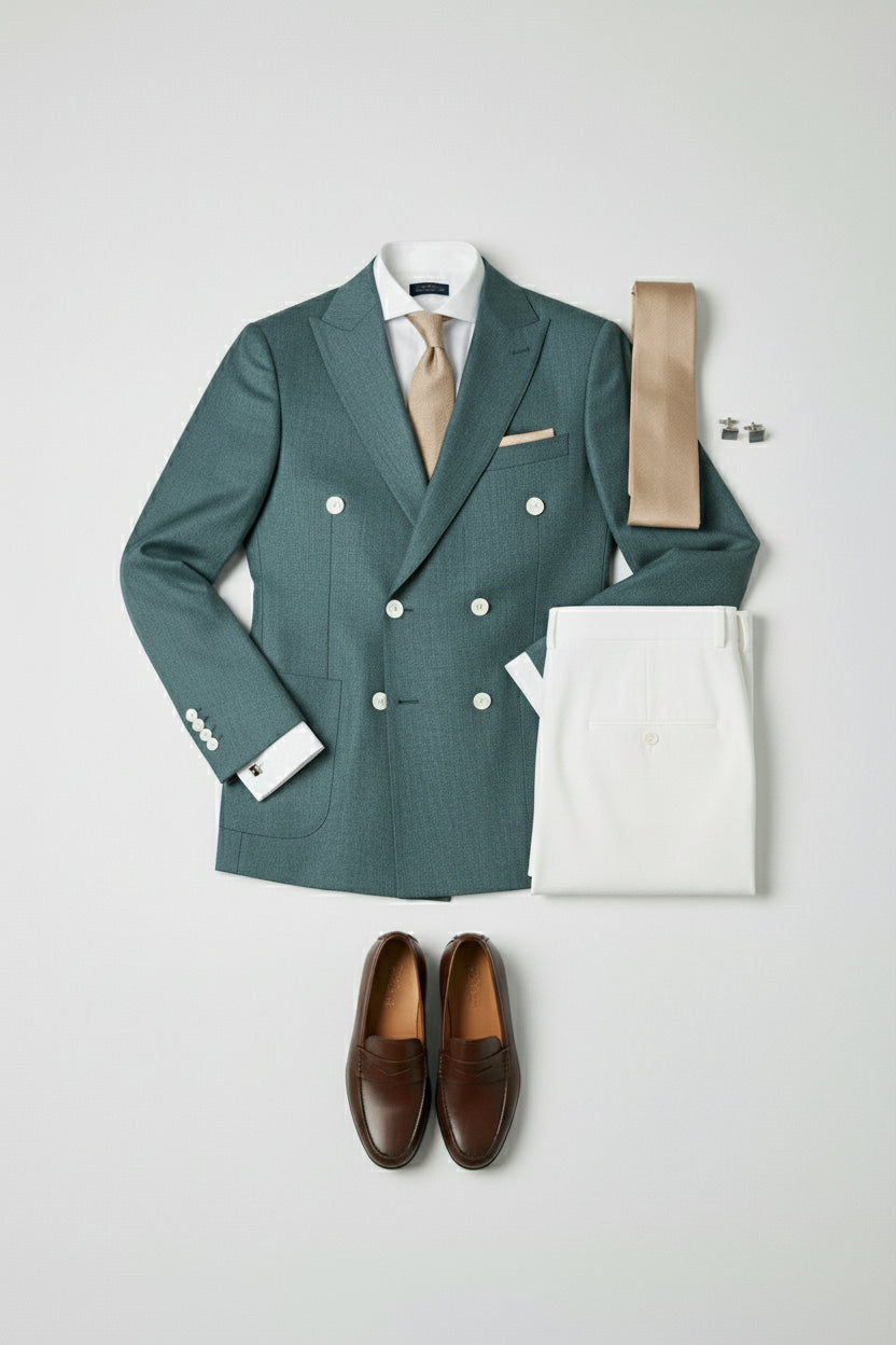 Deep teal double-breasted suit jacket with white tailored pants and matching accessories.