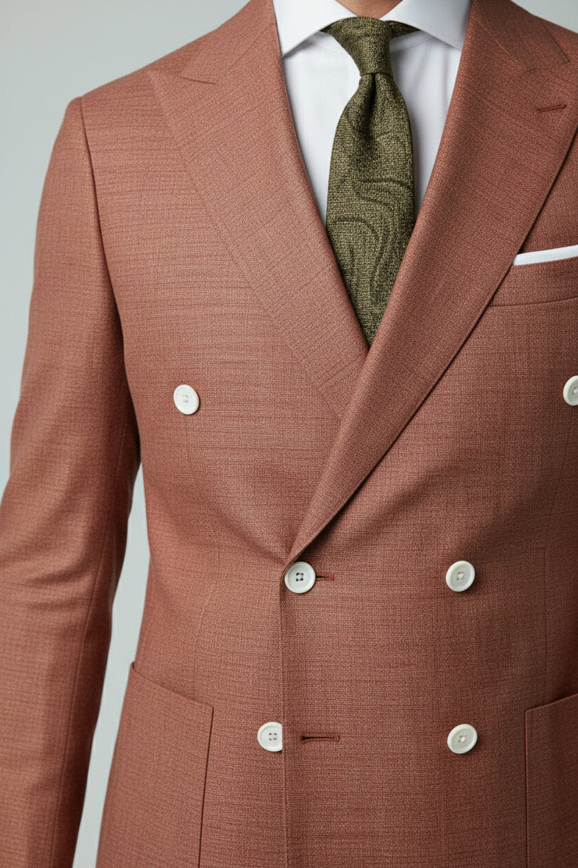 Terracotta double-breasted suit jacket with elegant buttons and slim fit design.