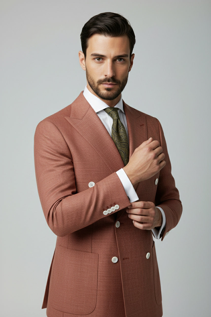Man wearing terracotta double-breasted suit with elegant buttons and slim fit.