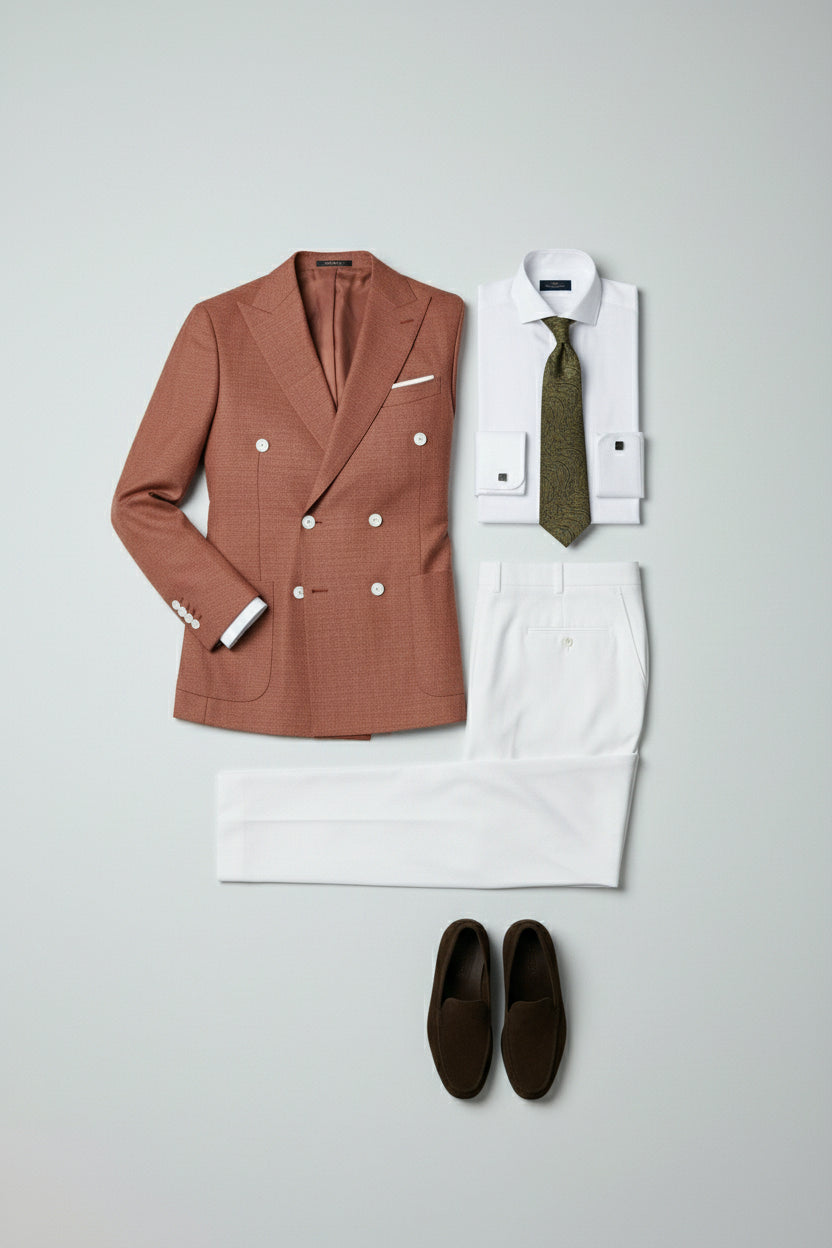 Terracotta double-breasted suit jacket paired with white trousers and elegant tie.