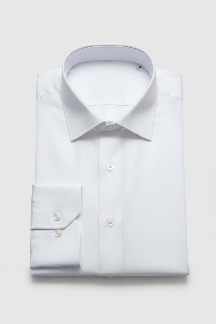 Classic white dress shirt with slim fit design and button-down collar.