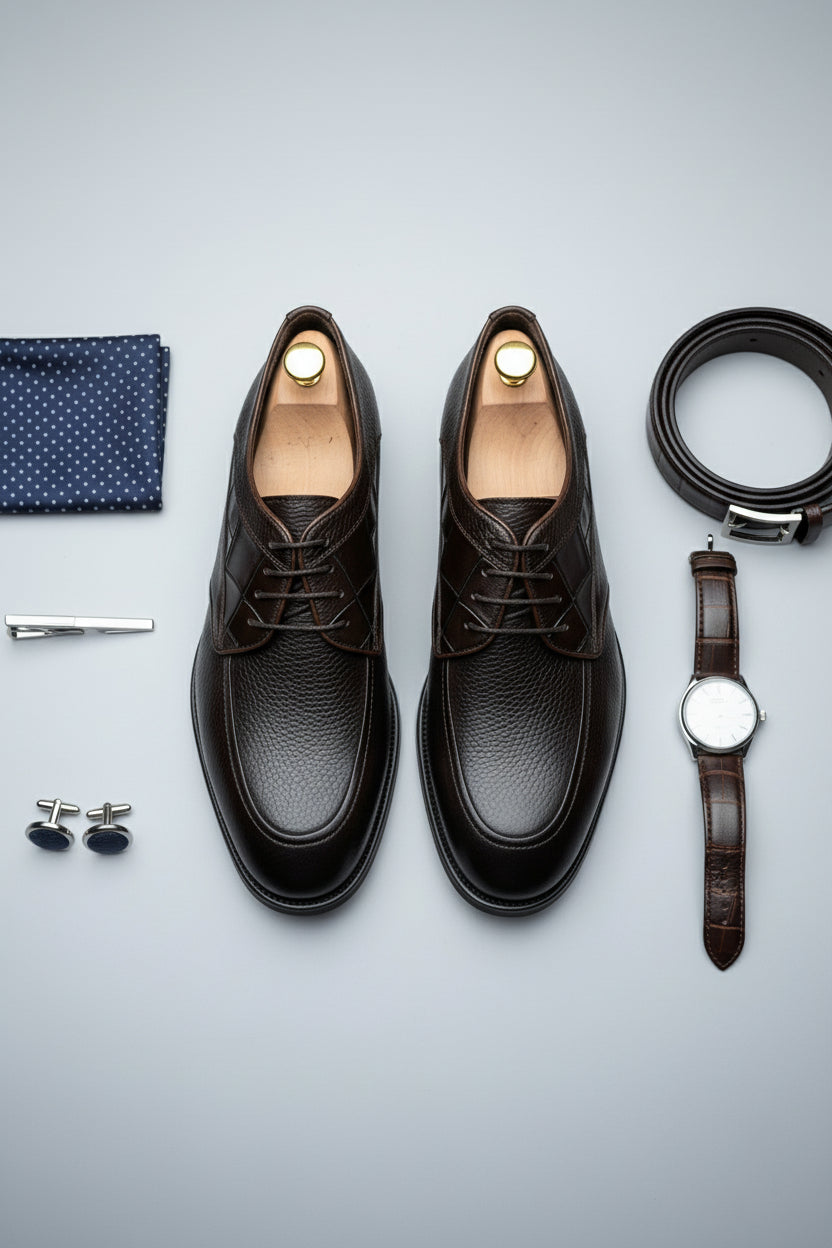 Brown leather lace-up dress shoes with refined texture for formal occasions.