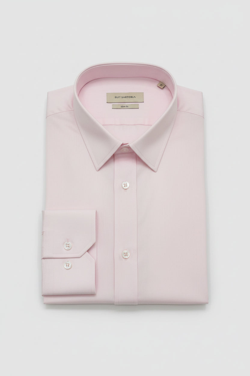 Pink slim fit dress shirt with tailored collar and button cuffs, ideal for business attire.