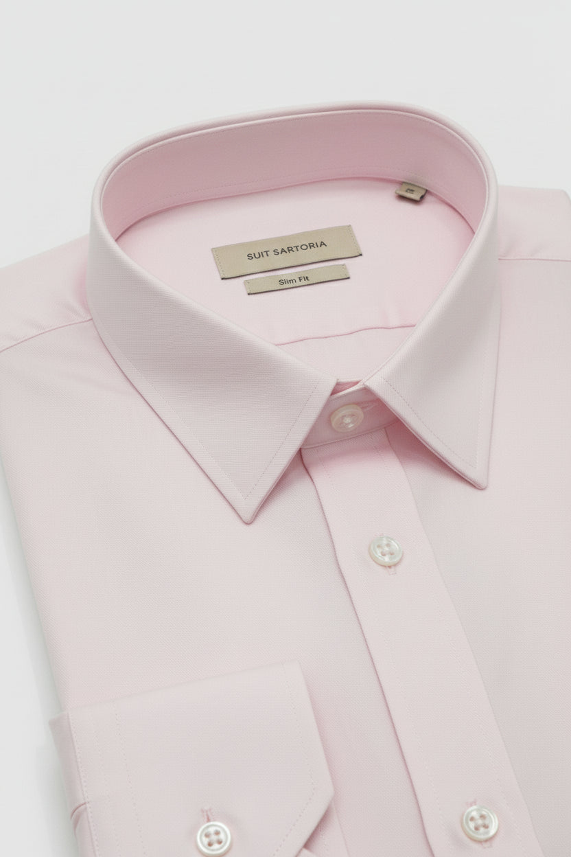 Pink slim fit dress shirt with tailored collar and high-quality fabric.