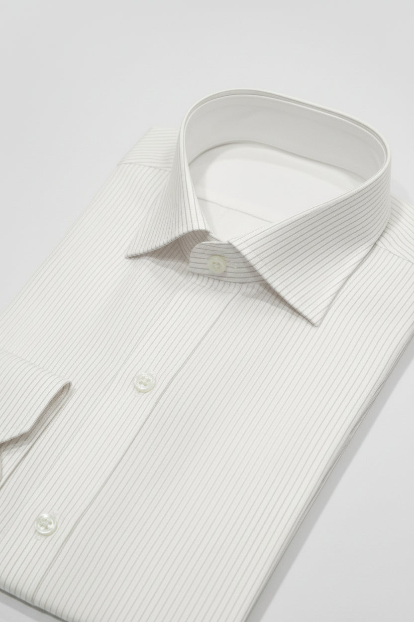 White striped slim fit dress shirt with button-down collar and cotton fabric.