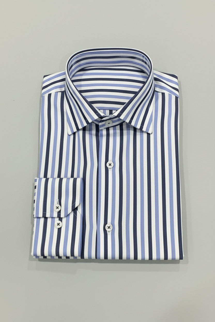 Blue striped slim fit dress shirt made of soft cotton, ideal for office wear.