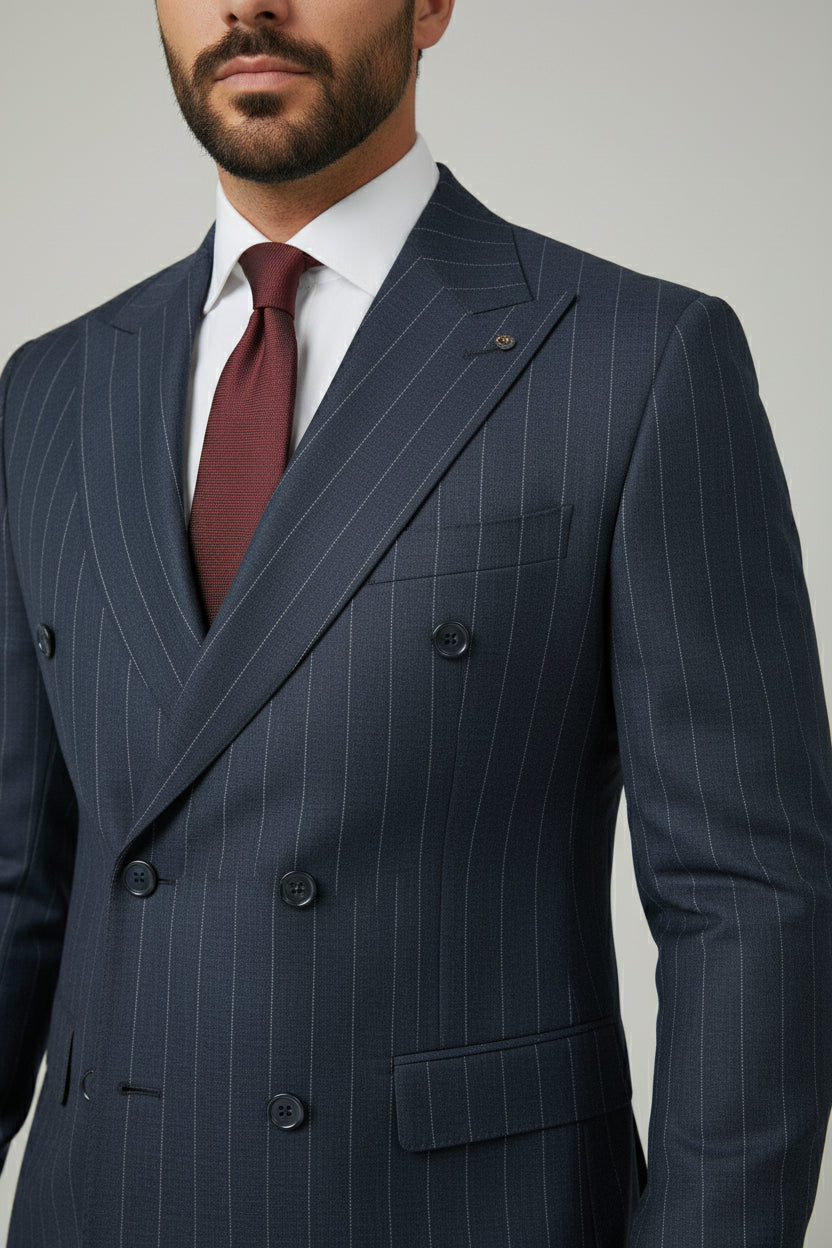 Man in navy pinstripe double-breasted suit with tailored fit and burgundy tie.