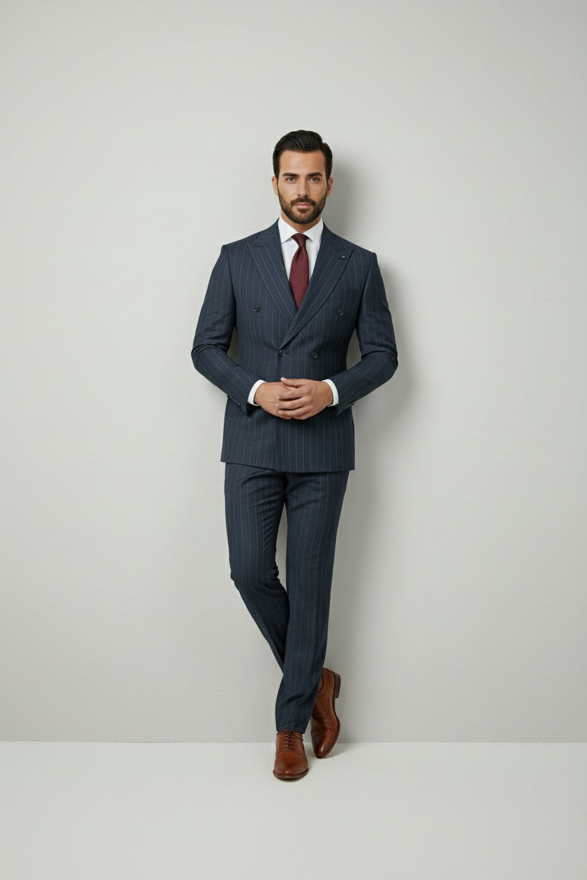 Man in navy pinstripe double-breasted suit with tailored fit and burgundy tie.
