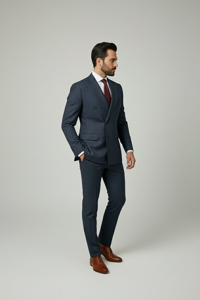 Man in navy pinstripe double-breasted suit with tailored fit and brown shoes.