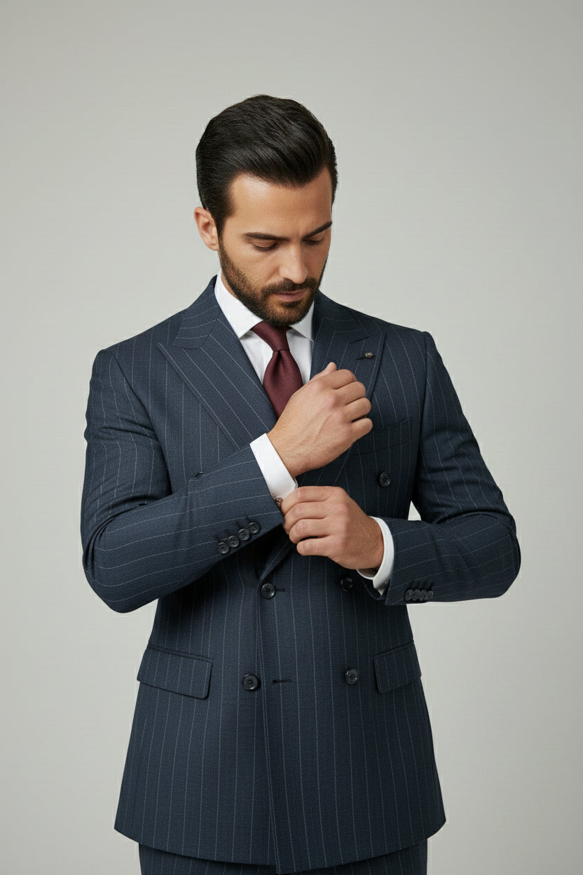 Man adjusting cuff of navy pinstripe double-breasted suit with tailored fit.