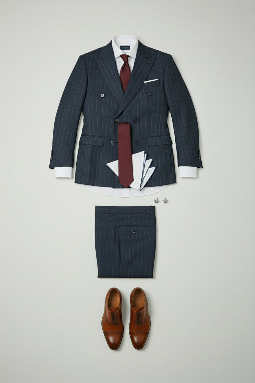 Navy pinstripe double-breasted suit with tailored fit, paired with brown leather shoes.