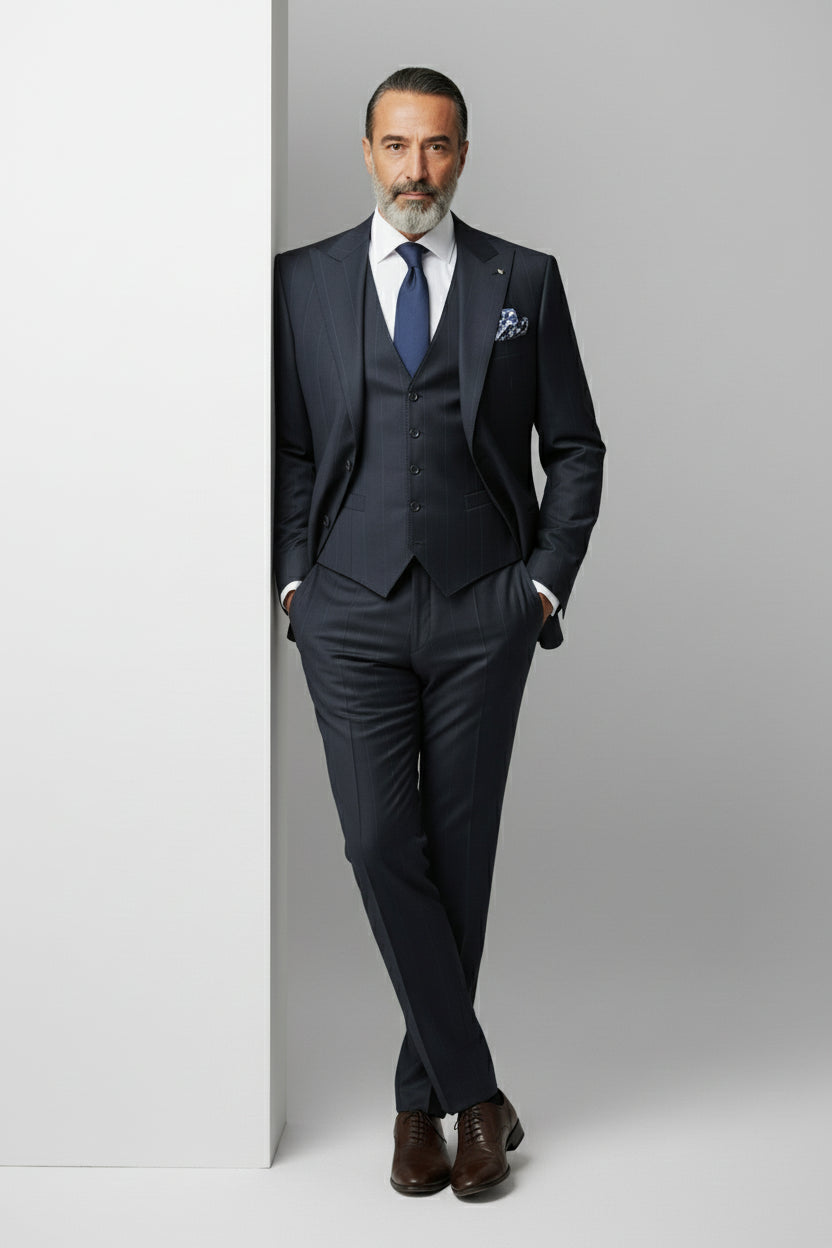 Man wearing navy pinstripe three-piece suit with tailored fit and matching vest.