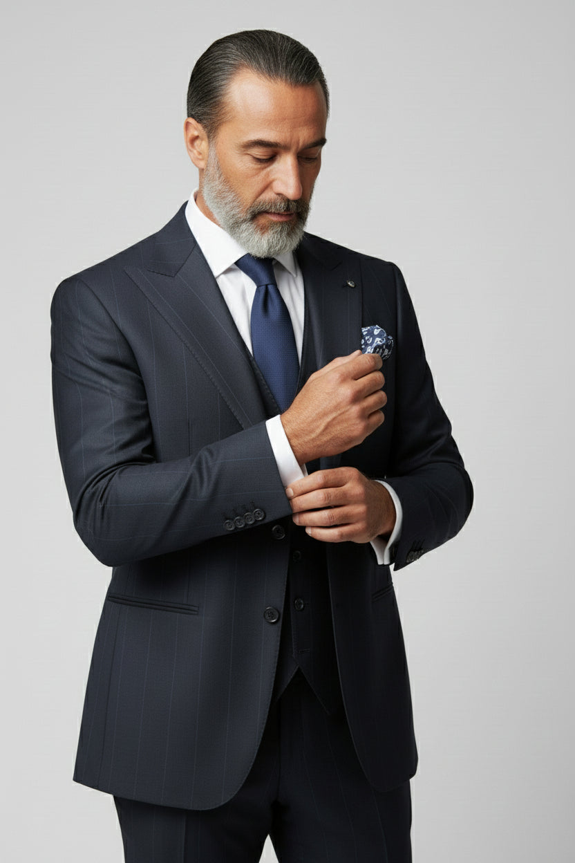 Man adjusting cuff of navy pinstripe three-piece suit with elegant pocket square.