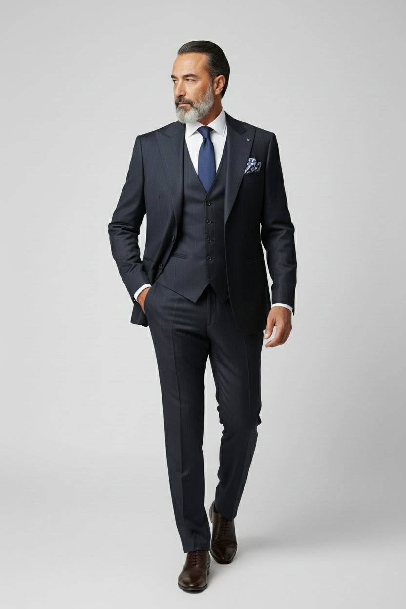 Man wearing navy pinstripe three-piece suit with tailored vest and tie.