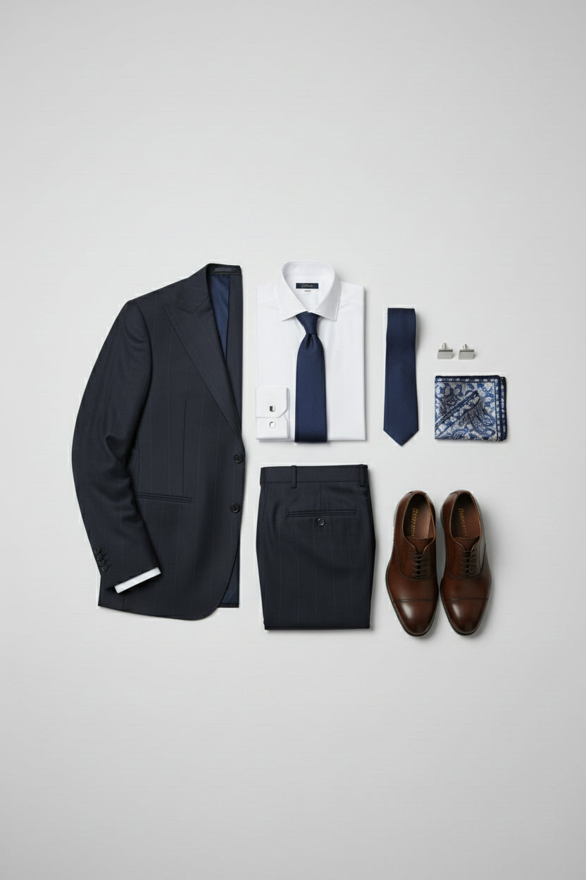 Navy pinstripe three-piece suit with matching tie, shirt, and brown dress shoes.