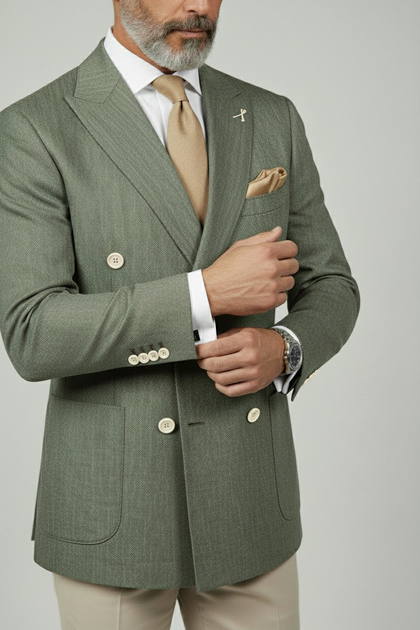 Man wearing sage green double-breasted suit with beige tie and pocket square.