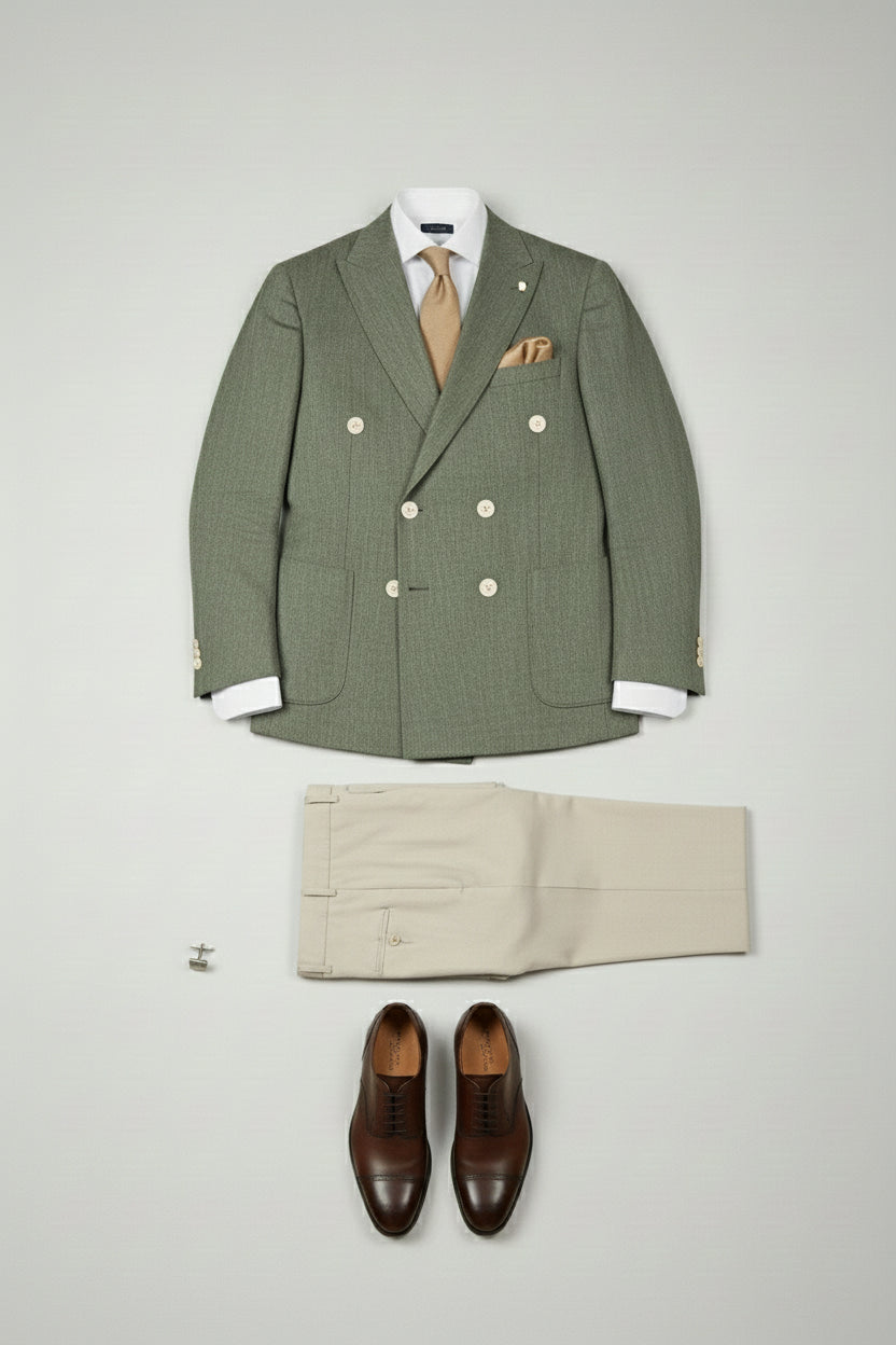 Double-breasted sage green suit jacket with beige trousers and brown dress shoes.