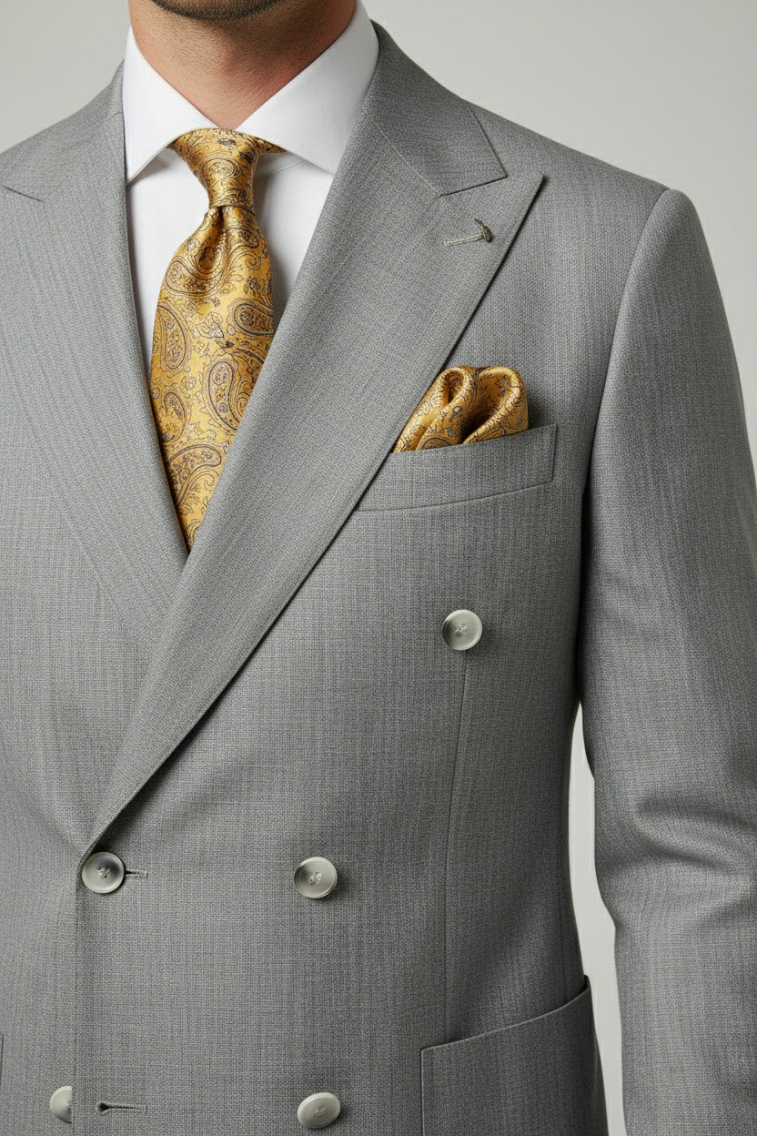 Man wearing grey double-breasted combination suit with gold paisley tie and pocket square.