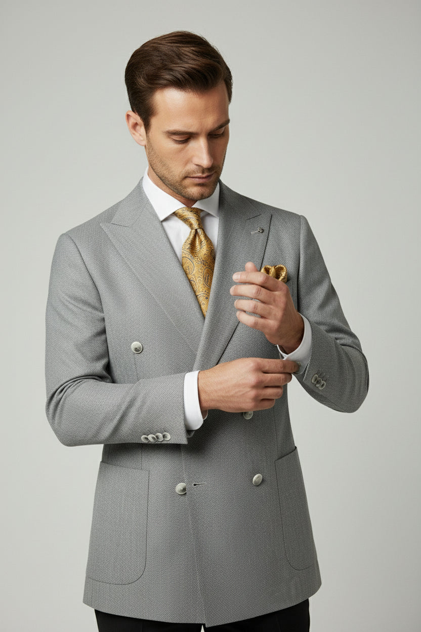 Man adjusting sleeves of grey and black double-breasted combination suit with gold tie.