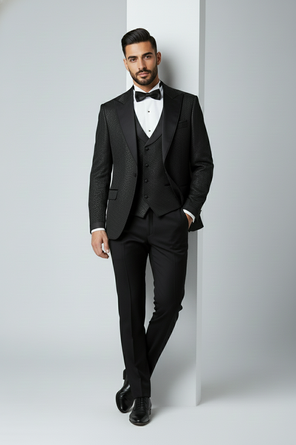 Black Textured Tuxedo with Satin Shawl Lapel