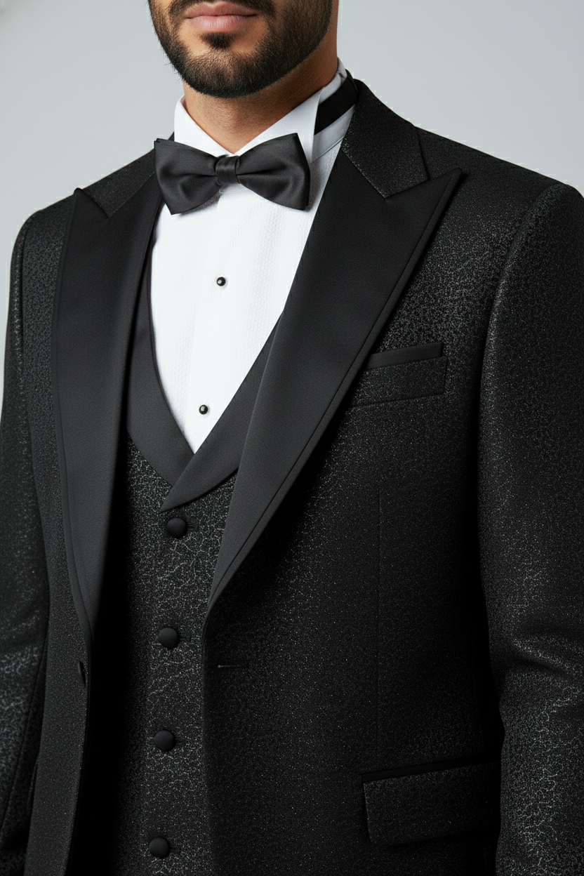 Black Textured Tuxedo with Satin Shawl Lapel