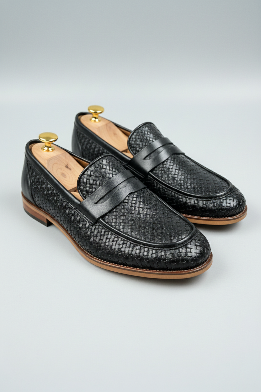 Black Woven Leather Loafers