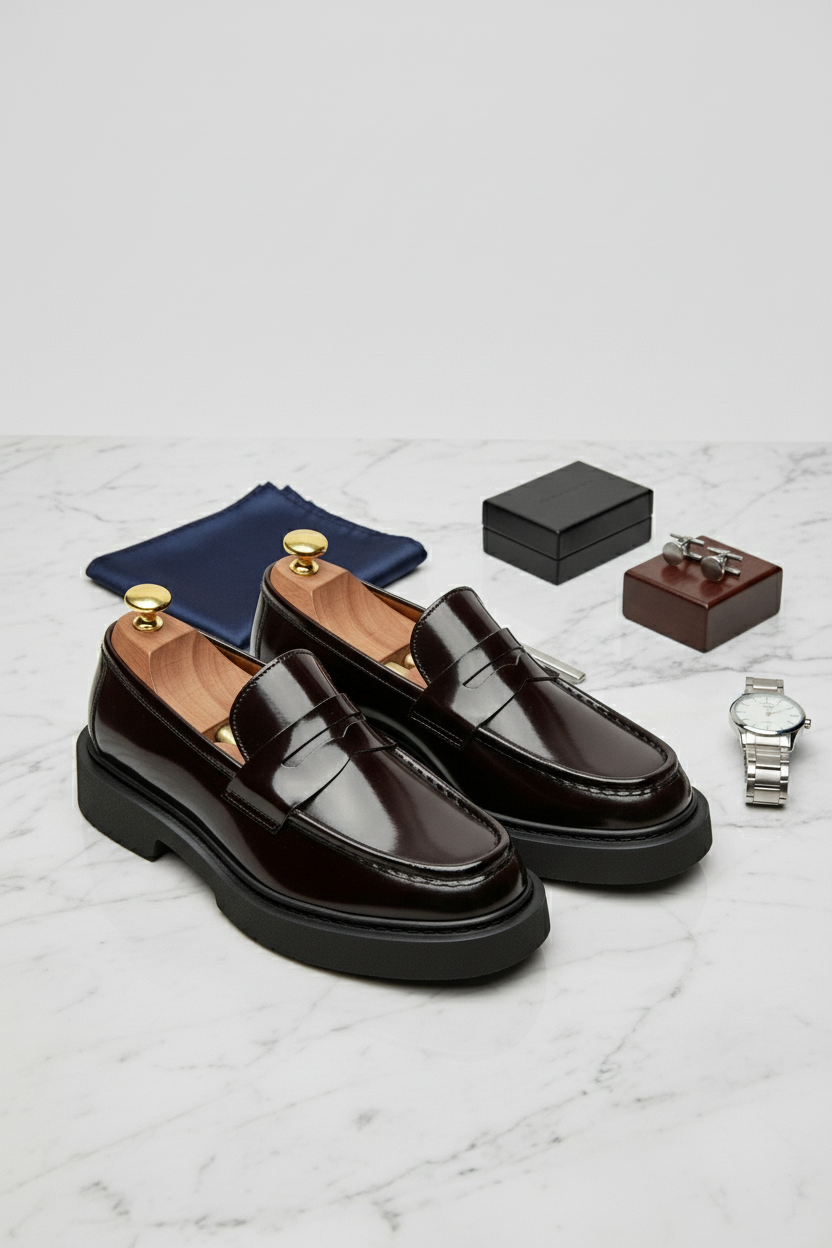 Burgundy Glossy Penny Loafers with Chunky Sole