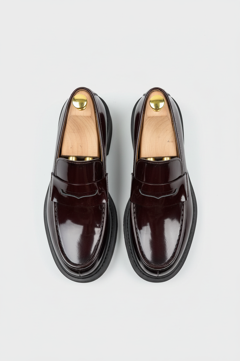Burgundy Glossy Penny Loafers with Chunky Sole