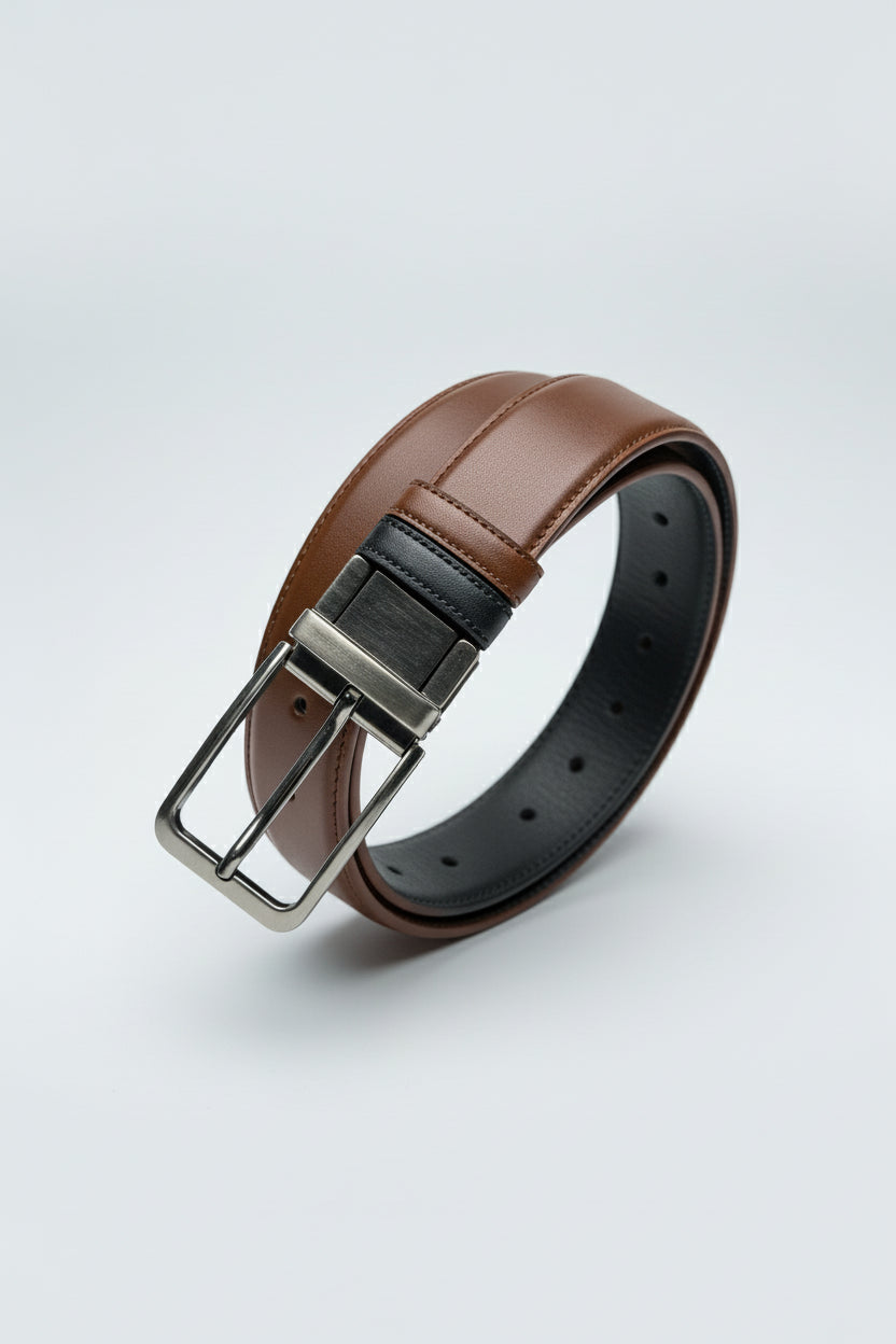 Black and brown two-tone leather belt with adjustable silver buckle for casual or formal wear.