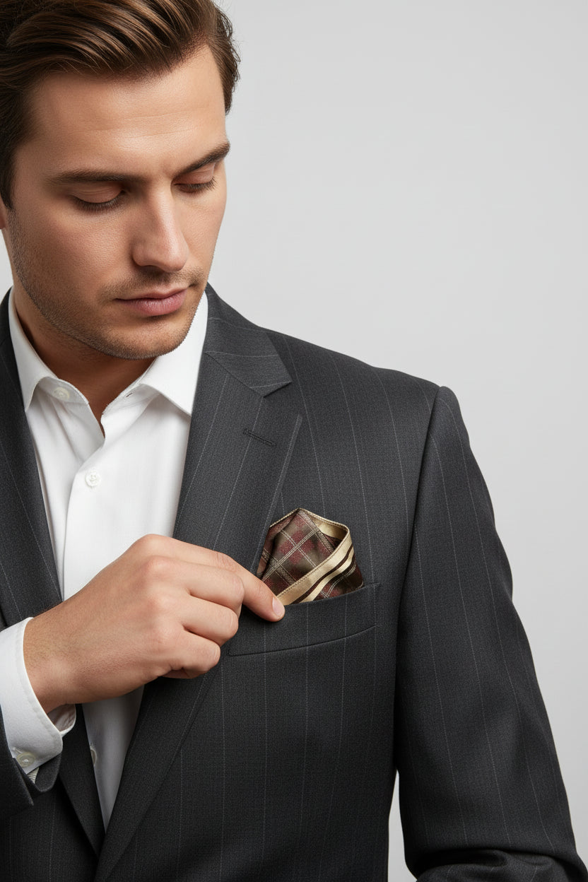 Man adjusting brown silk pocket square with plaid design in suit jacket pocket.