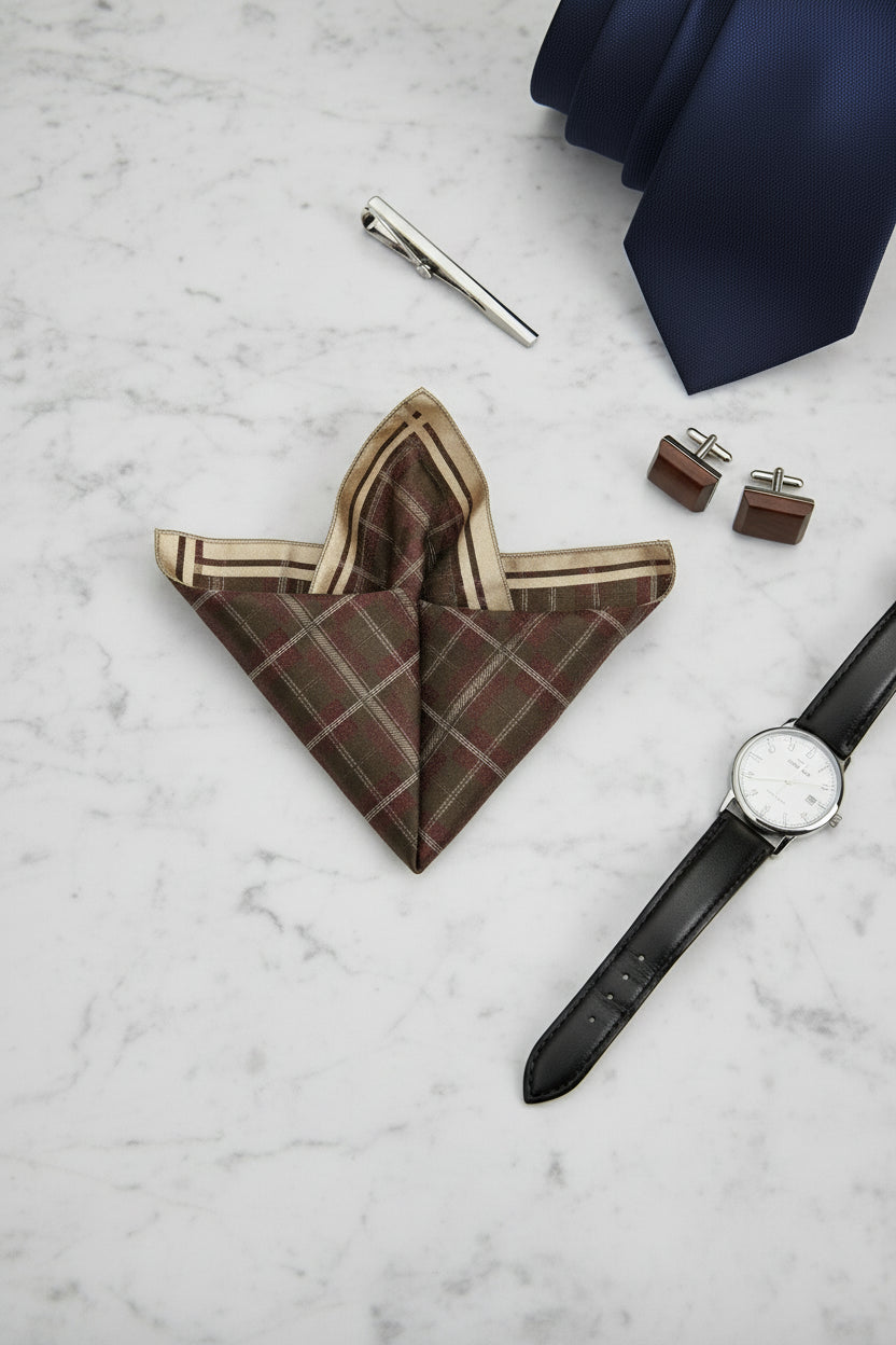 Brown plaid pocket square folded elegantly, perfect for formal wear and business attire.