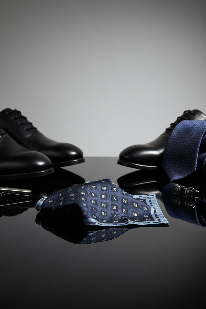 Navy geometric silk pocket square displayed beside black dress shoes and tie.