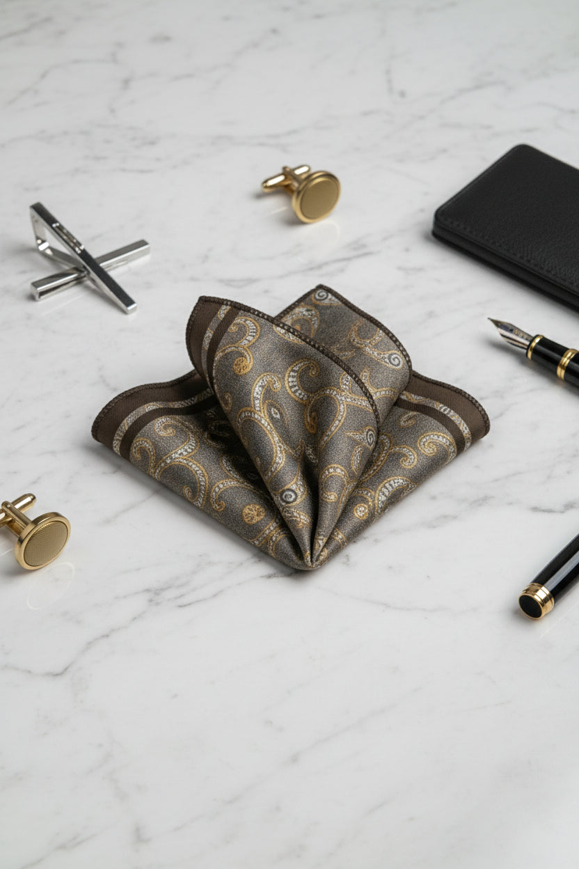 Brown paisley silk pocket square elegantly folded on marble surface with accessories.