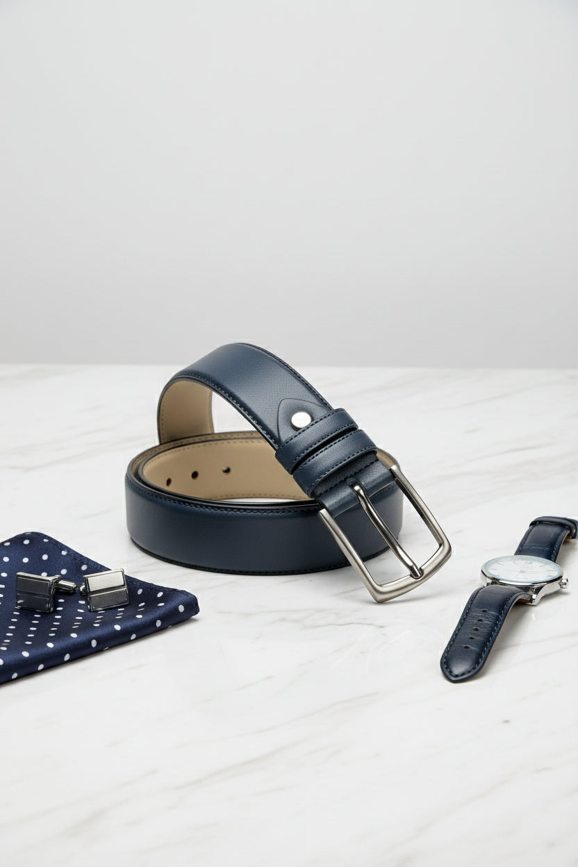 Navy leather dress belt with adjustable buckle, perfect for formal and business casual wear.