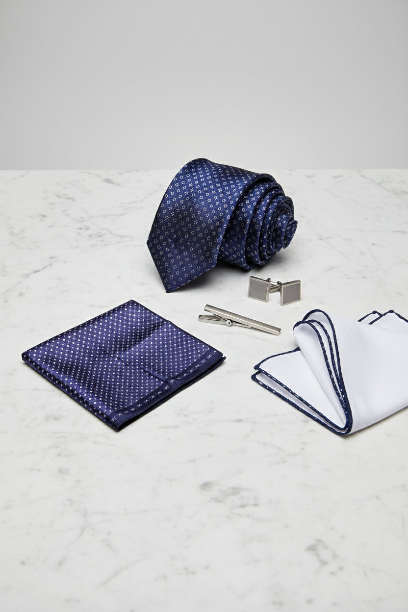 Navy Silk Pocket Square with Pattern