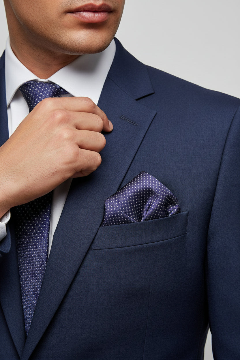 Navy Silk Pocket Square with Pattern